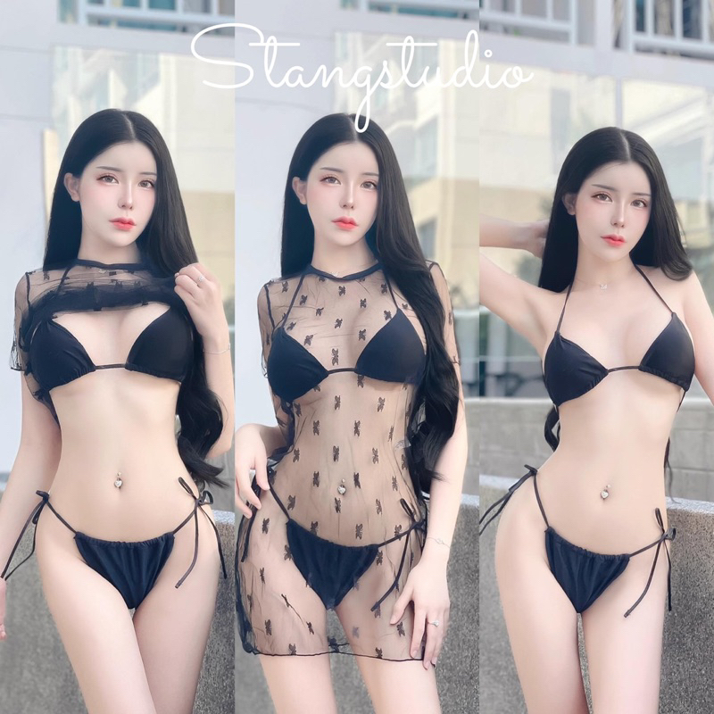 ชุดว่ายน้ำ 3 ชิ้น บิกินี่สีดำ ผูกอกผูกเอว + เดรสแขนสั้นซีทรูลายผีเสื้อ