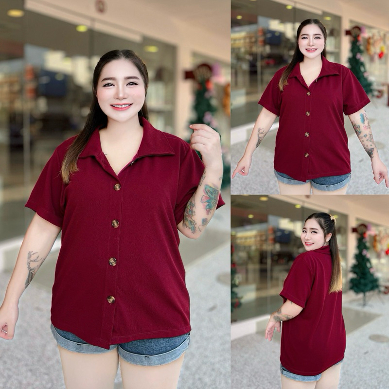 VM 19🌷เสื้อคอปกสาวอวบผ้ายืด🌷เสื้อคอปกกะดุมหินออน่ผ้ายืดวุฟเวฟ🌷