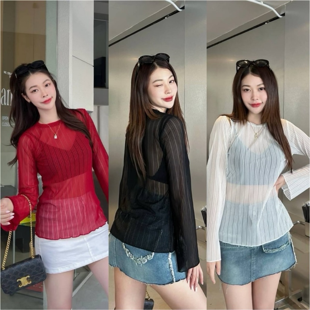 เสื้อแขนยาวตัวยาวผ้าซีทรู-ReyStripe- เสื้อแขนยาวผู้หญิงเซ็กซี่ ป้าย Sheeny.