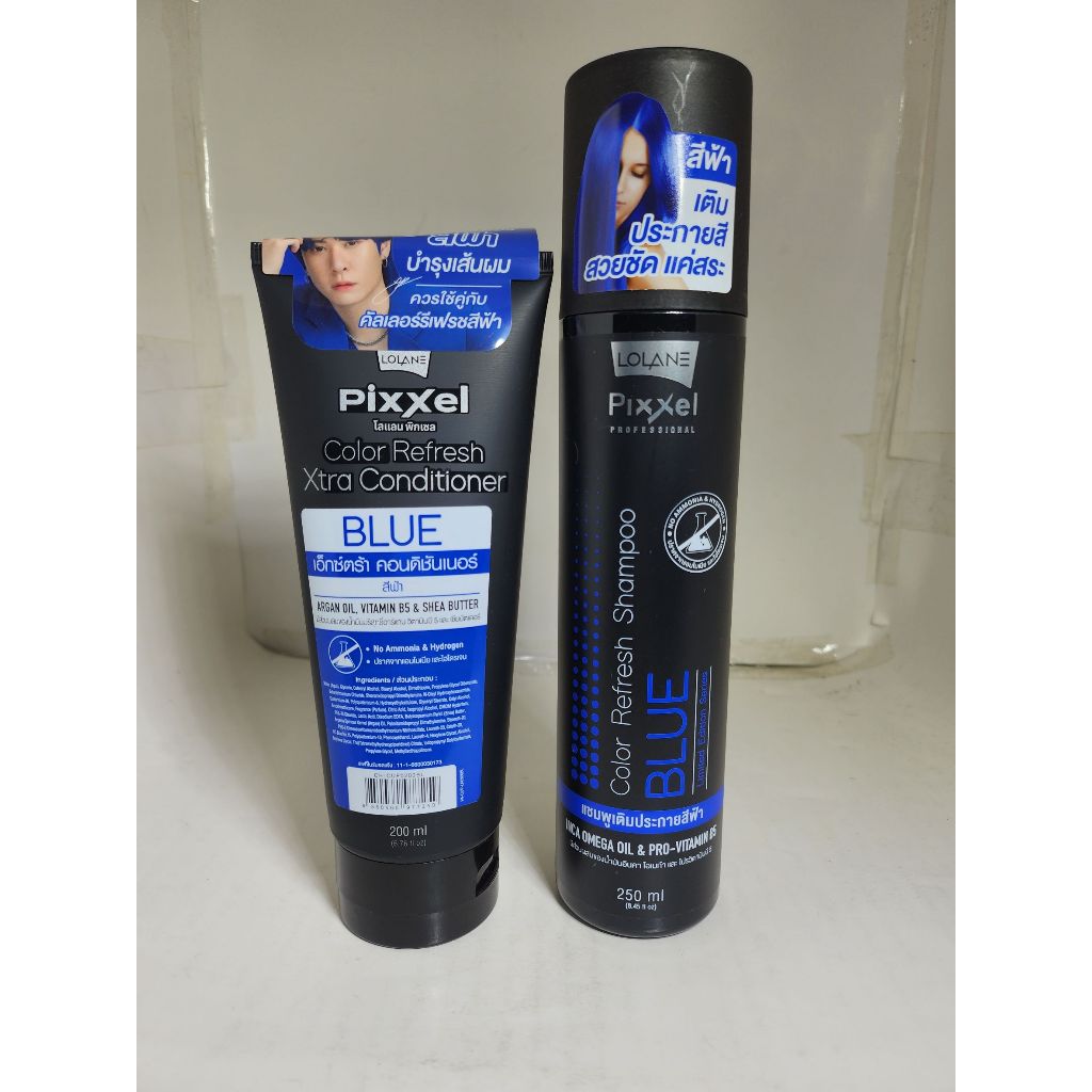 แพ็ค Lolane Pixxel Color Refresh Blue แชมพู และ ครีมนวดสำหรับผมสีน้ำเงิน ฟ้า เซ็ตรักษาผมย้อมน้ำเงิน เติมสีผมน้ำเงิน ฟ้า