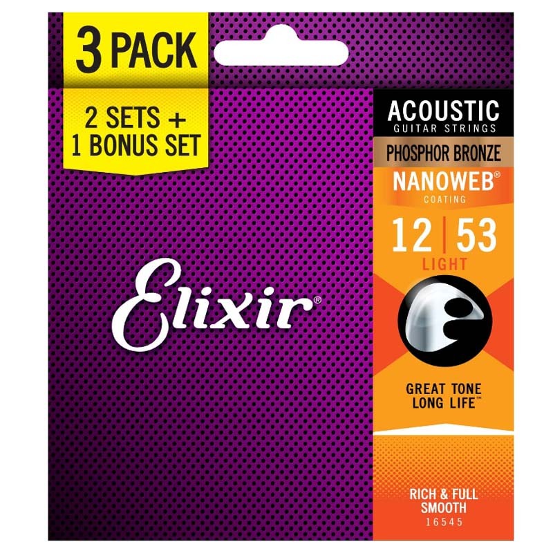 Elixir สายกีตาร์ 16545/16538 สายกีตาร์โปร่งพร้อมการเคลือบ NANOWEB, 3 แพ็ค, แสง/แสงที่กำหนดเอง