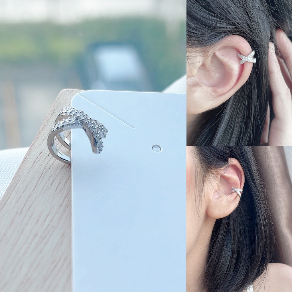 ear cuff เพชร 2 แถวไขว้ ต่างหูแบบเกี่ยว เก๋มาก ไม่ต้องเจาะหู ใส่ปีกหู พร้อมส่งจากไทย ได้ของไว