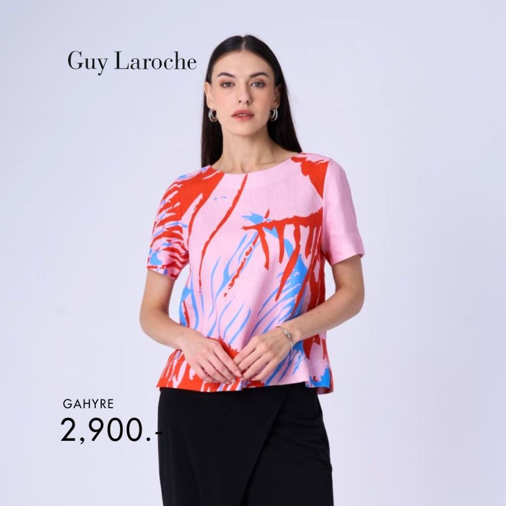 Guy laroche เสื้อผู้หญิง ไลท์ ลินิน คอรอล รีฟ คอกลมแขนสั้น แดง GAHYRE