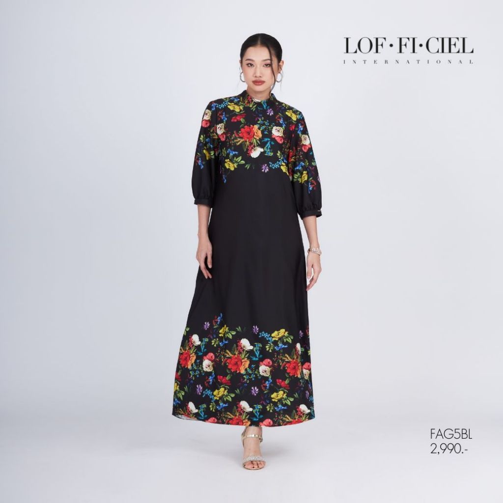 LOF-FI-CIEL เดรส แจสเปอร์ โรส ทรงหลวม แขนยาว สีดำ FAG5BL