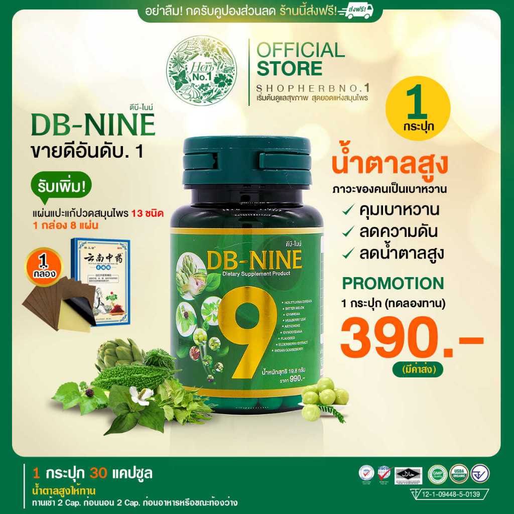[ส่งฟรีมีส่วนลด100.-] DB-nine ผลิตภัณฑ์เสริมอาหารดีบีไนนท์ ลดน้ำตาล ดูแลสุขภาพองค์รวม 1 กระปุก