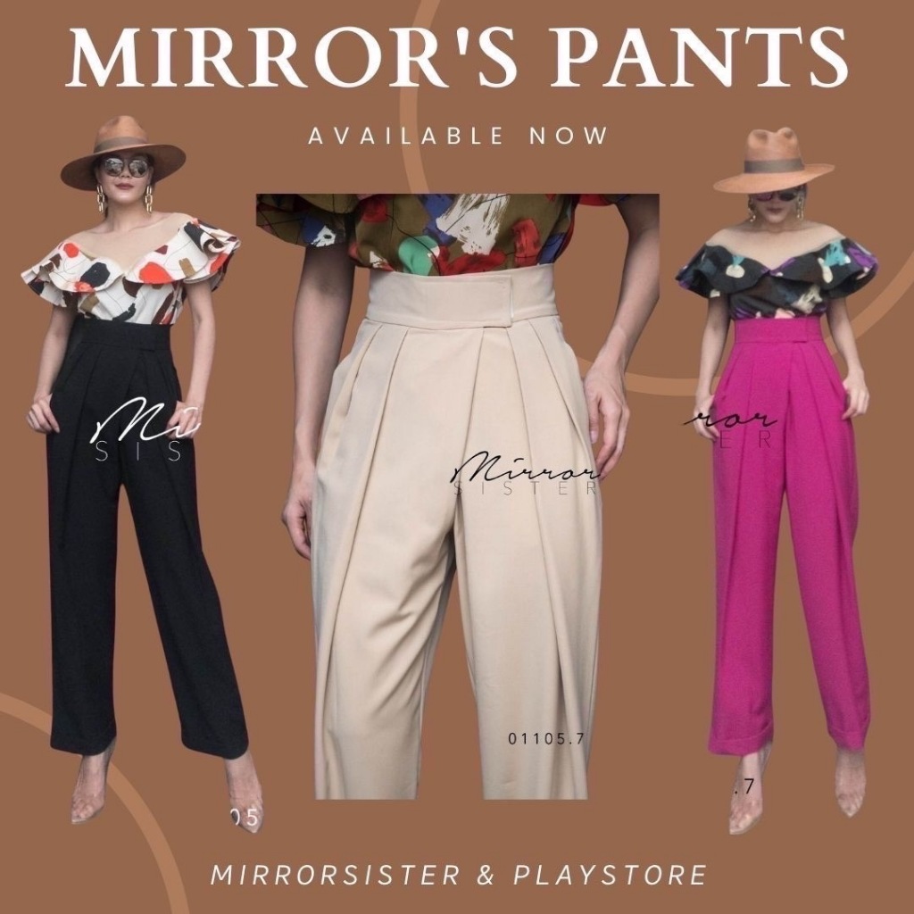 ป้าย Mirrorsister 01105.7 กางเกงเอวสูง ช่วงเอวแต่งขอบกว้างกำลังดี จับทวิสทั้ง2ข้าง มีกระเป๋า2ข้างลำตัว