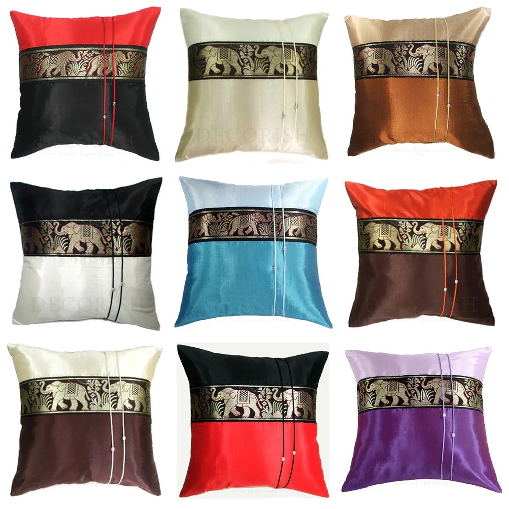 ปลอกหมอนอิง ลายคาดช้าง ผสมผ้าไหม ขนาด 16x16 นิ้ว (ไม่รวมไส้หมอนอิง) THAI SILK elephant motif cushion cover pillow