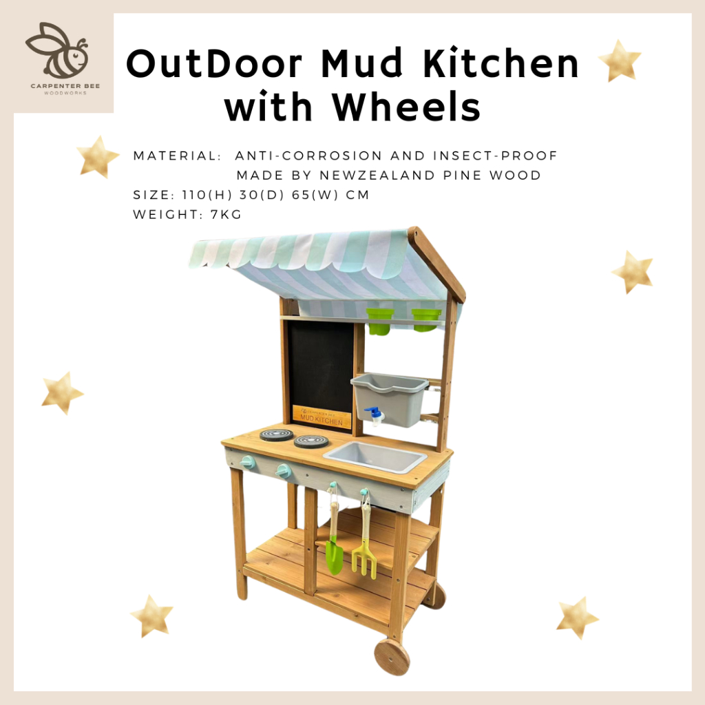 Montessori OutDoor kitchen with wheelsไม้เคลือบด้วยสารกันยุง/แมลง ครัวเด็ก ชุดครัวจำลอง ครัวของเล่น ก็อกน้ำกดได้จริง