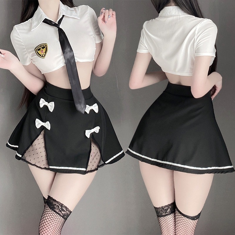 ชุดตำรวจ ชุดนอนไม่ได้นอน ชุดคอสเพลย์ตำรวจสาว เซ็ทเสื้อกระโปรง มาพร้อมเน้คไทน์ กระโปรงเเต่งโบว์