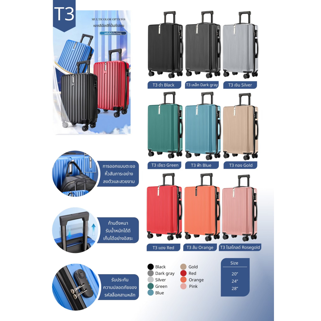 กระเป๋าเดินทาง 20/24/28นิ้ว รุ่นซิปล็อครหัสได้ วัสดุABS+PC ทนทานเป็นพิเศษ 8 ล้อคู่ พร้อมส่งในไทย T3