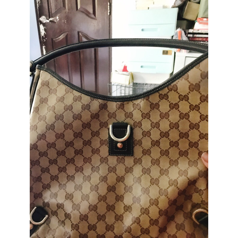 Gucci Guccissima GG Monogram D-Ring Hobo Shoulder Bag กระเป๋าสะพาย Gucci ของแท้ ลาย GG monogram ทรง Hobo สีน้ำตาลยอดนิยม