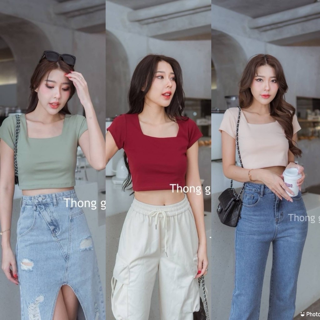 ♥ เสื้อครอป คอเหลี่ยม ผ้ายูนิโคล่ เสื้อผ้าผู้หญิง นิ่มมาก ทรงเก๋ๆ 🅰 TGL