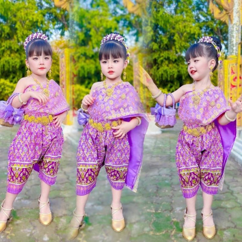 ชุดไทยเด็กหญิง สไบสีหวานงาน2ชั้นแต่งลูกไม้ดิ้นทอง+โจงกระเบนผ้าลายไทยพิมพ์ทอง