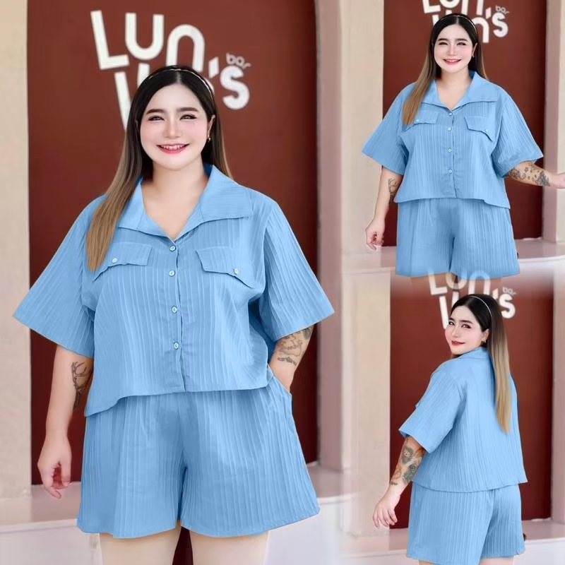 (โปรพิเศษวันนี้) C1ชุดเซ็ท เชิ้ตครอป+ขาสั้น สาวอวบใส่น่ารัก สาวอ้วนใส่สวย - รูปที่ 3