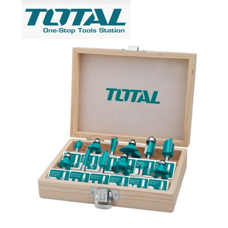 Total ชุดดอกเราเตอร์ 12 ชิ้น ขนาดแกน 1/4" และ 1/2" บรรจุในกล่องไม้