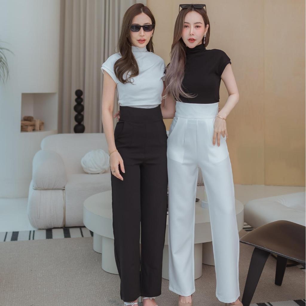 T02-กางเกงใบเฟรินด์เอวสูงขากระบอกกลาง