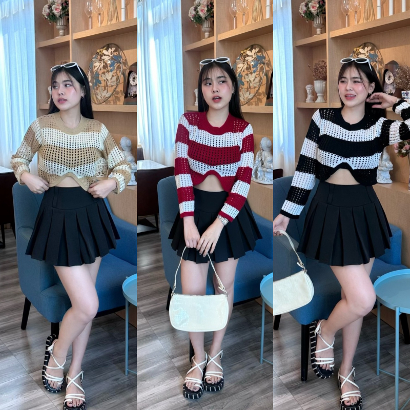 SpinnyHouse เสื้อครอปแขนยาว ผ้าทอฉลุทอลายสลับสี แต่งขอบเอวชายโค้งเว้า ใส่เที่ยวปาร์ตี้ อองานได้ รุ่น ร้อนมาก