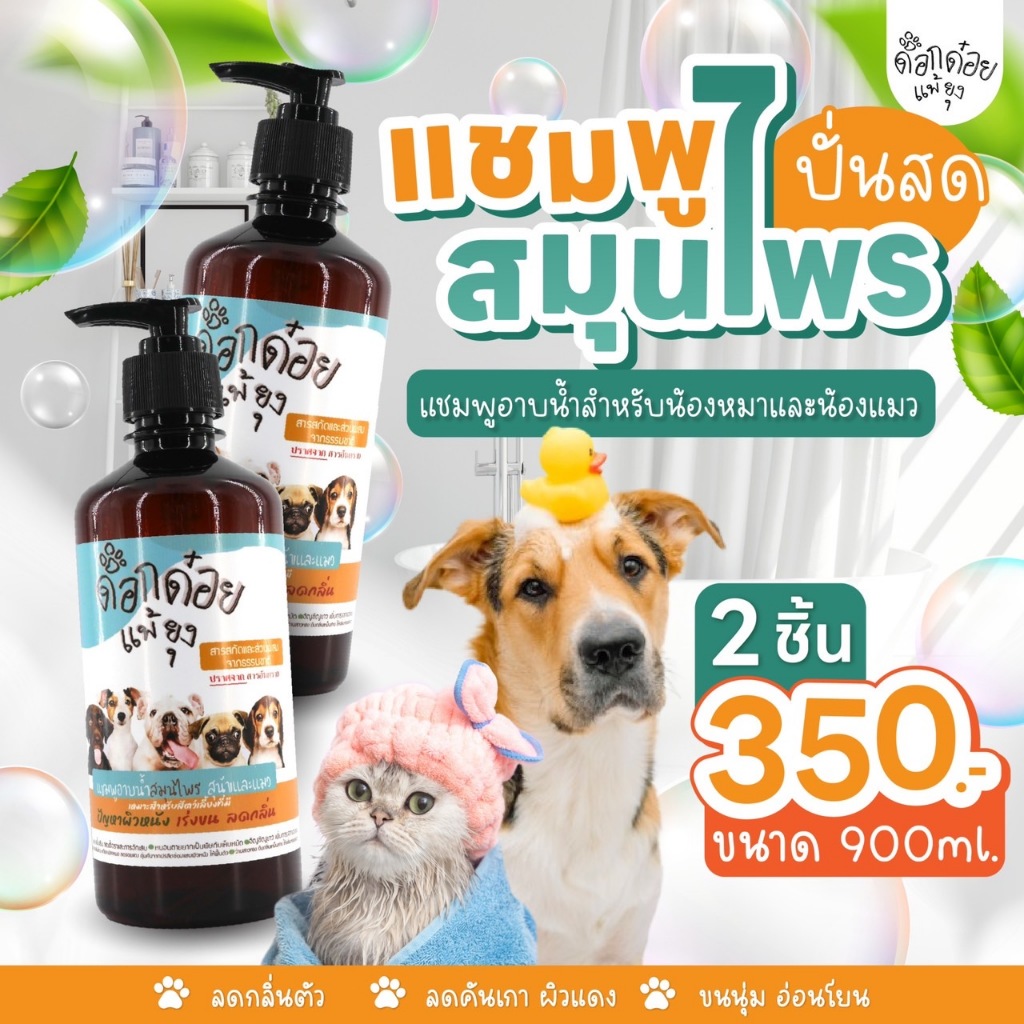 โปรโมชั่นพิเศษ ซื้อ1แถม1 แชมพูสมุนไพรอาบน้ำ ด็อกด๋อยแพ้ยุง คันเกา | ผื่นแดง | เห็บหมัด | ขี้เรื้อนเชื้อรา | ขนาด 900 ml