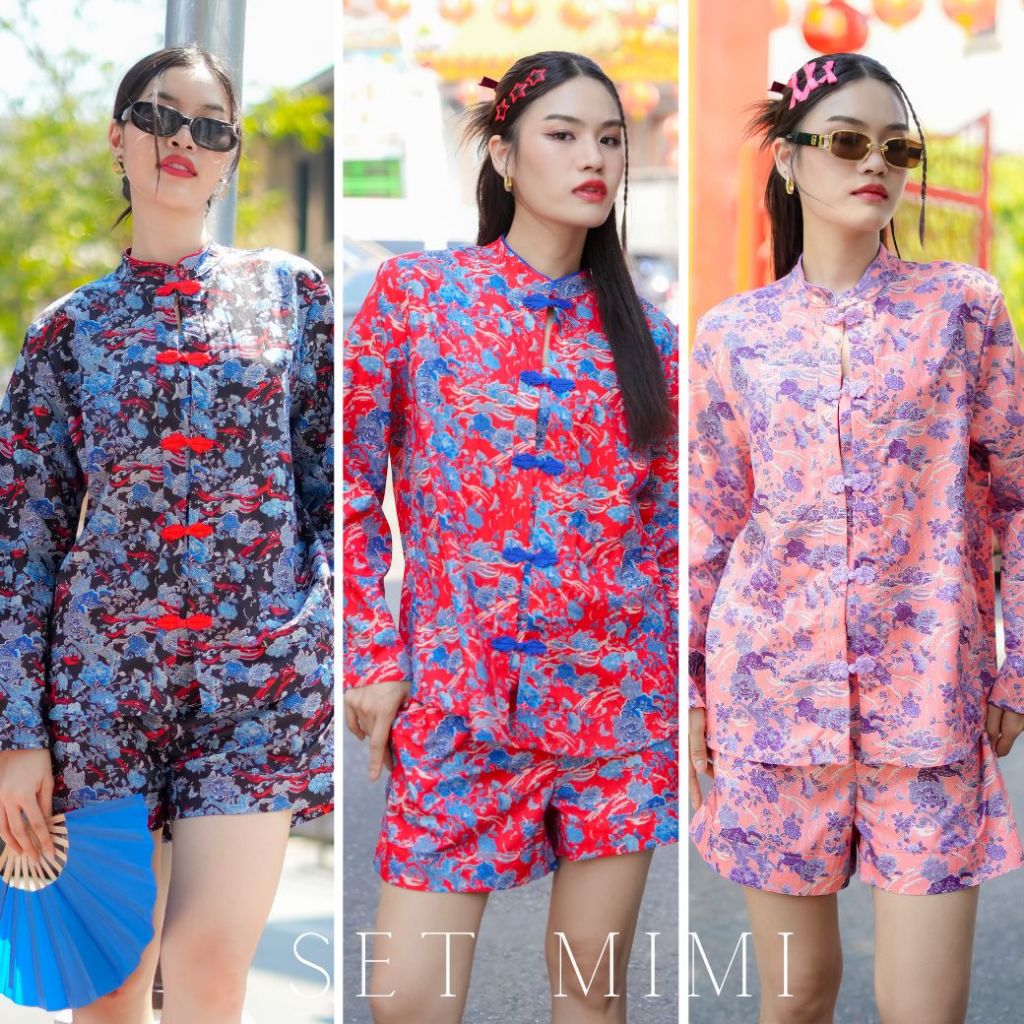 THONGYOY-Set mimi qilin ชุดเซ็ทเสื้อคอจีนกางเกงขาสั้น ชุดใส่เที่ยวสวยๆสบายๆ