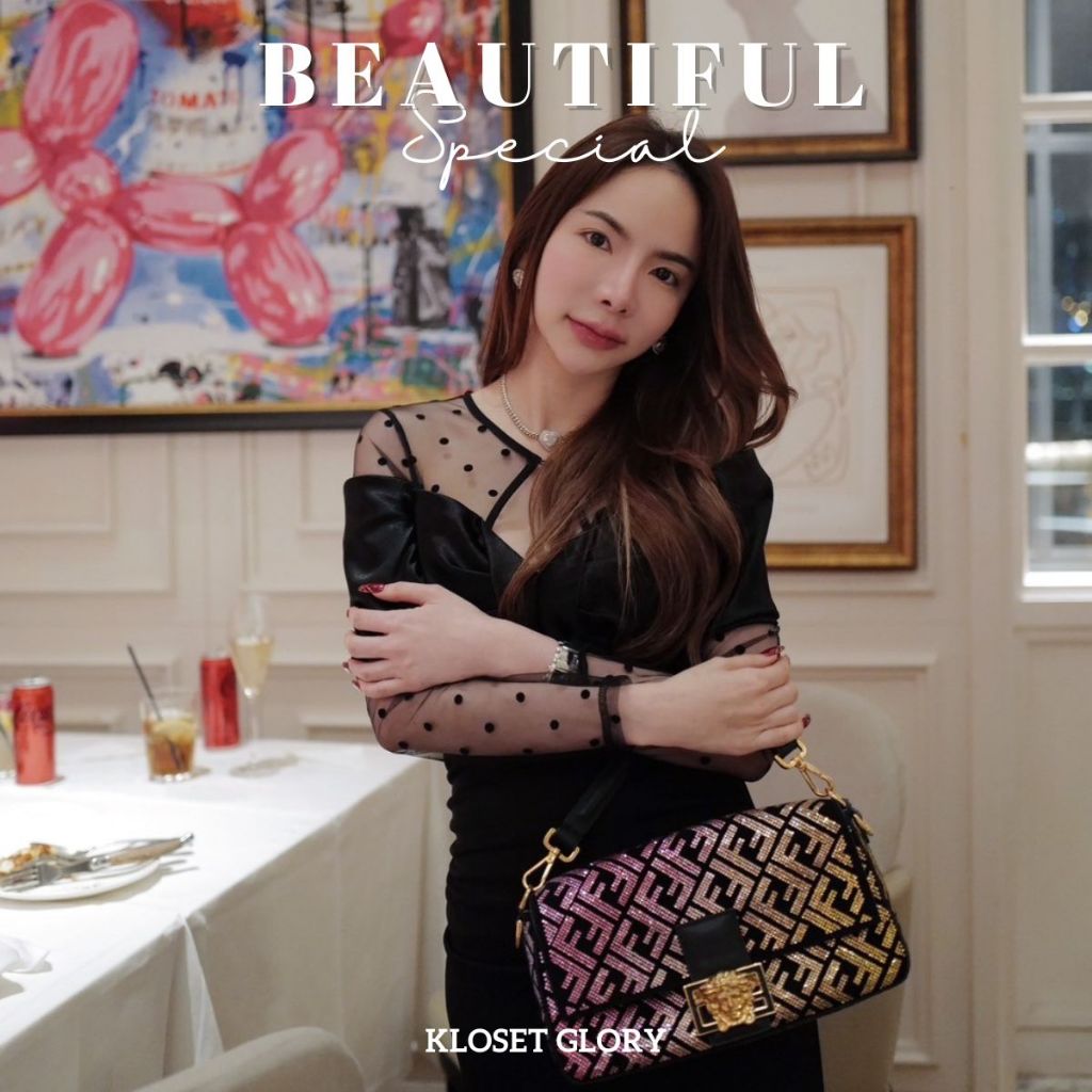 K206 : เดรสยาวเดรสยาวแขนซีทรูลายจุดประดับโบว์ใหญ่ช่วงอก ผู้หญิง Clothing เสื้อผ้า Dress ( ผ้าไม่ยืด )