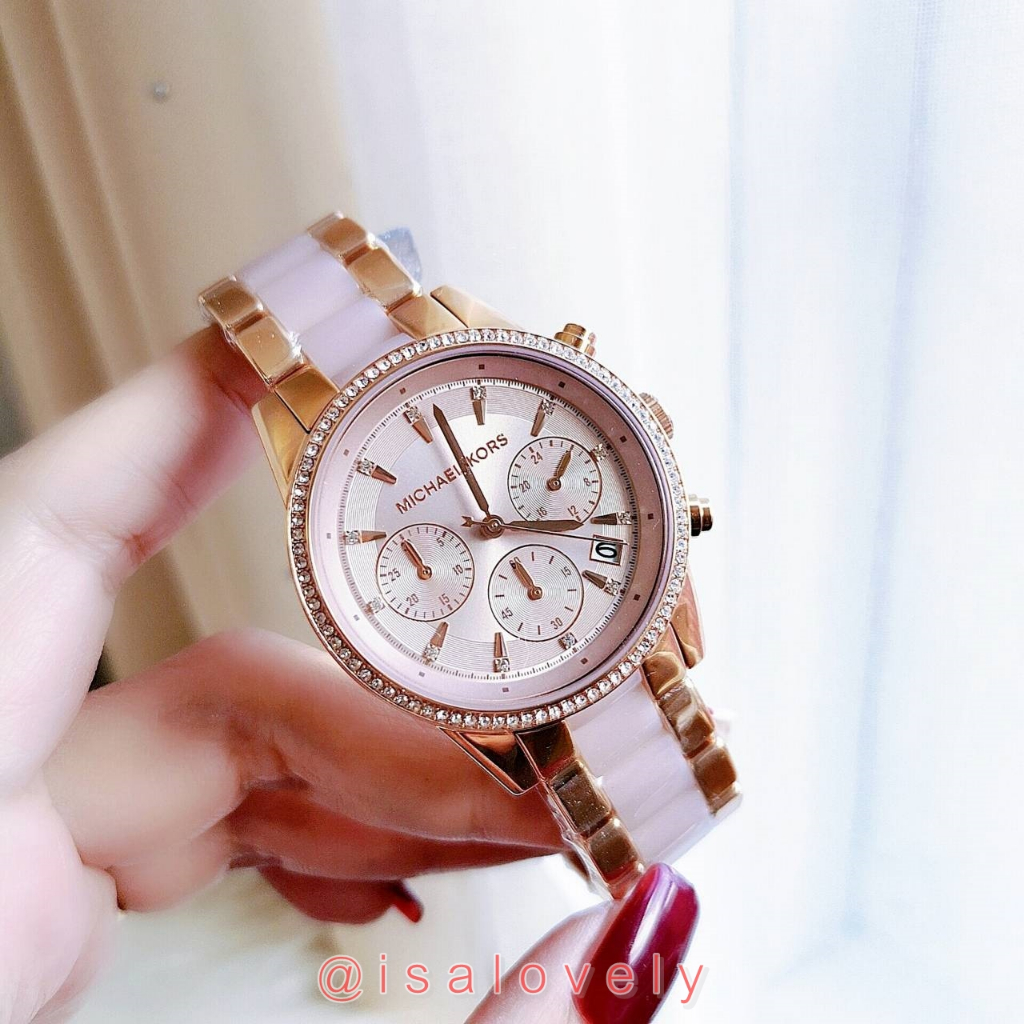 📌Isa Lovely Shop📌  MICHAEL KORS MK6307 RITZ QUARTZ CHRONOGRAPH ROSE DIAL ROSE-GOLD TONE PINK ACETATE