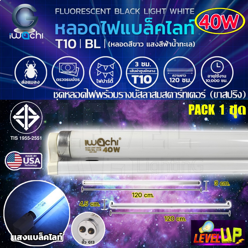 หลอดไฟแบล็คไลท์ หลอดพร้อมรางบัสลาสสตาร์ทเตอร์ขานีออนยาว(Fluorescent)IWACHI Black Light T1040Wแบล็คไลท์แสงสีฟ้าน้ำทะเล