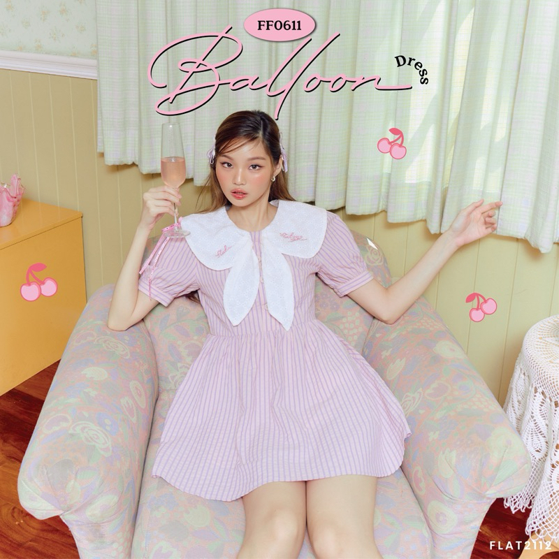 FLAT2112 FF0611 : BALLOON DRESS มินิเดรสแขนตุ๊กตา สีชมพู