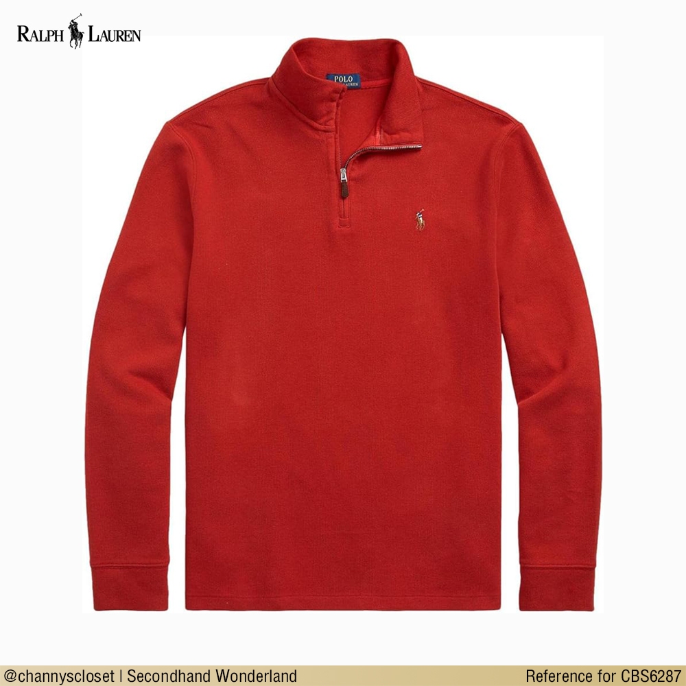 💖USED Ralph Lauren - Red Quarter Zip Sweatshirt | เสื้อสเวตเชิ้ตสีแดง เสื้อสเวตเตอร์ แขนยาว คอปก ซิป สายฝอ แท้ มือสอง