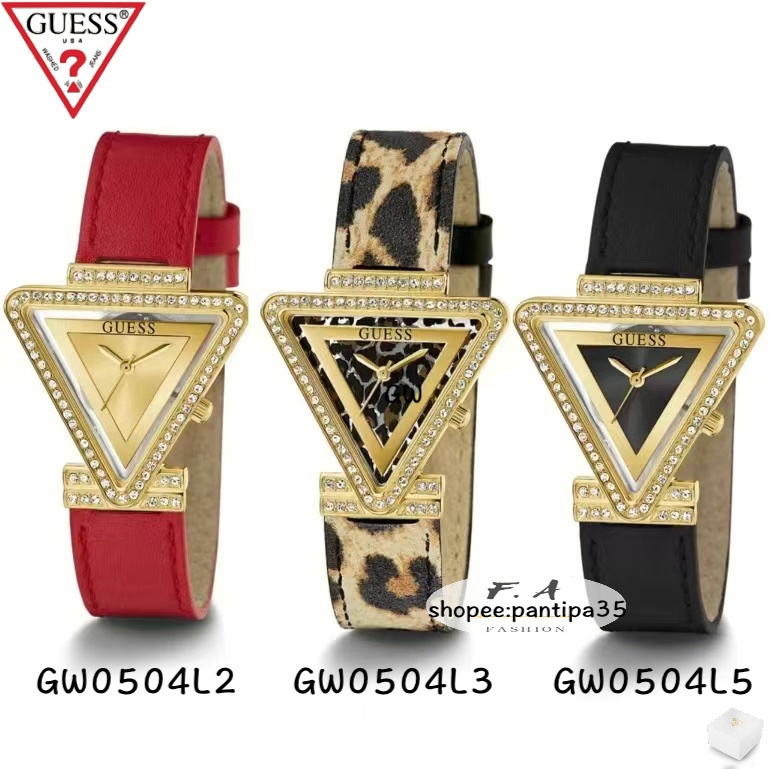 F.A GUESS การออกแบบเปลือกนอกที่มีเสน่ห์ด้วยโลโก้สามเหลี่ยมของ GUESS GW0504L2 GW0504L3 GW0504L5 รูปลักษณ์ที่เปล่งประกาย