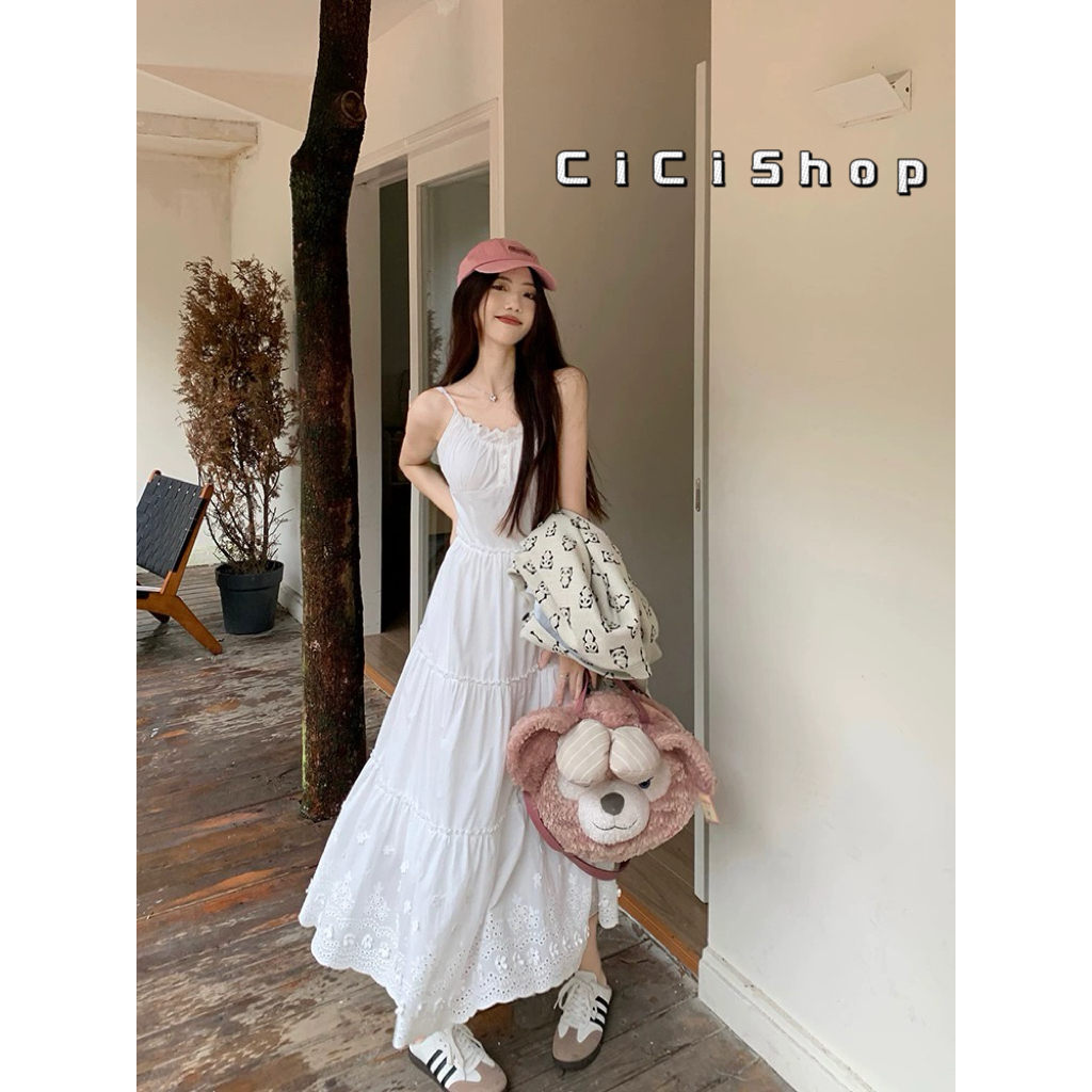 Cicishop(J3216)เดรสสายเดี่ยว ผ้าฝ้าย บราในตัวสายปรับได้ มีซิปข้างสม็อกหลัง ใส่สบายตต้อนรับSummer