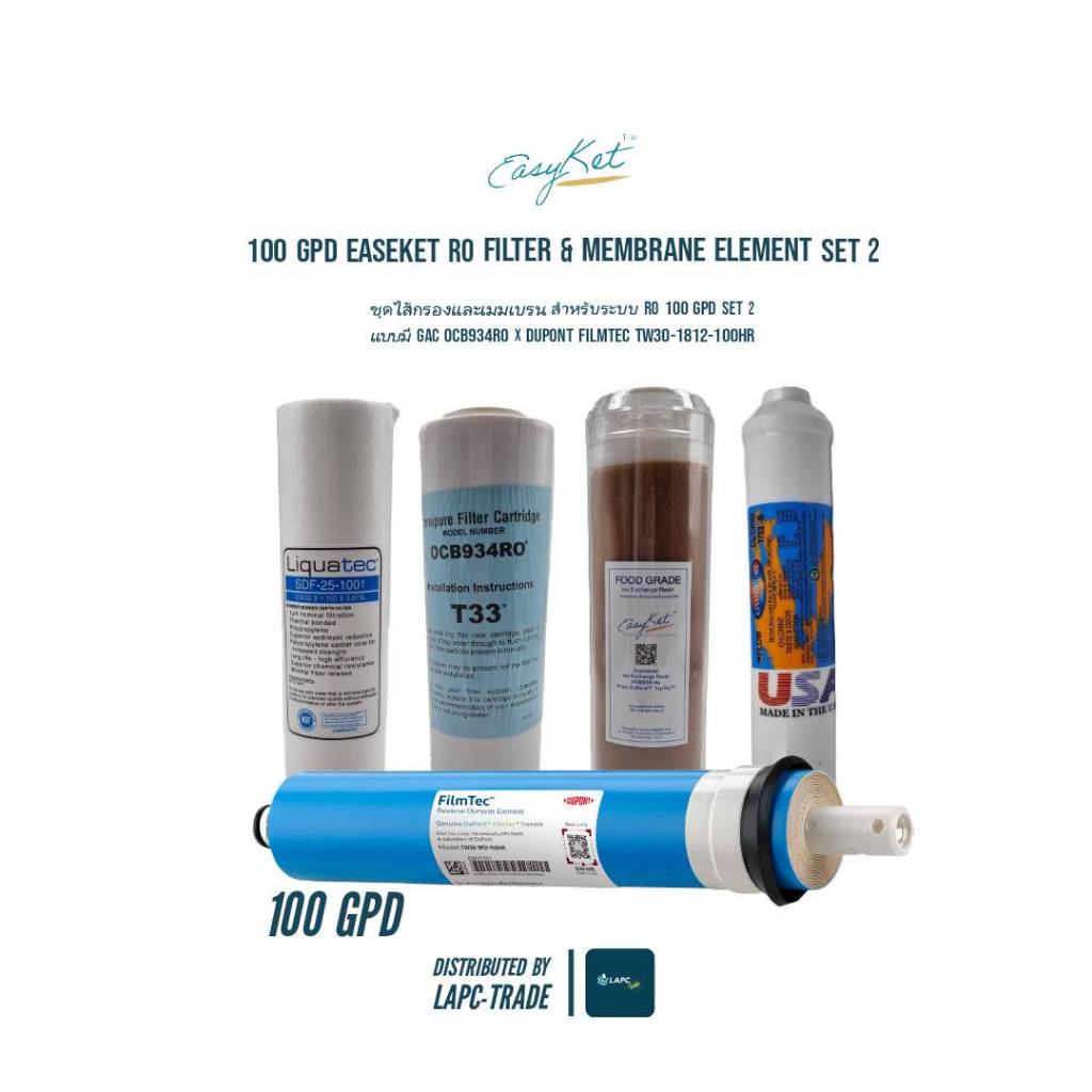 EasyKet ™ RO FIlter & Membrane Element 100 GPD Set 2 แบบมี GAC OCB934RO T33x DuPont ™ FilmTec ™ TW30