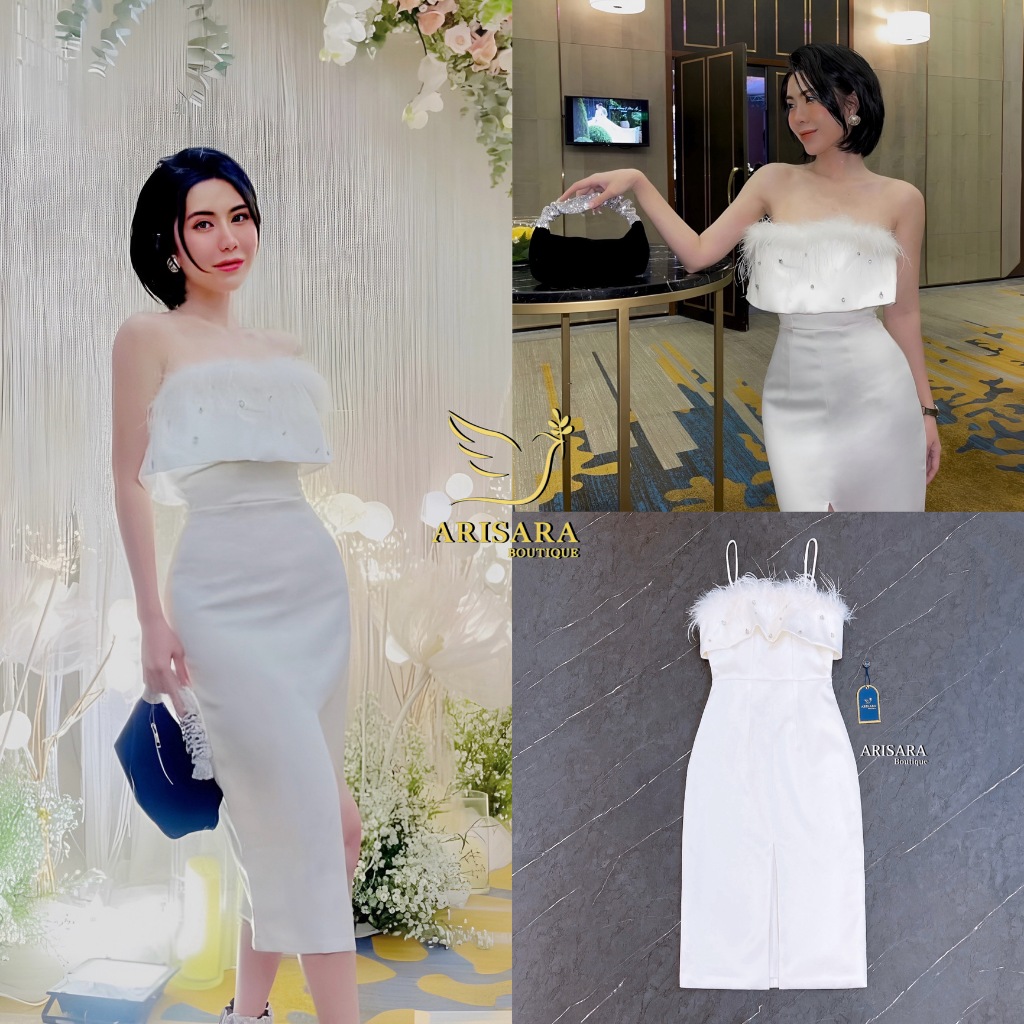พร้อมส่ง ARISARA เดรสยาวสีขาว แต่งขนเฟอร์และอะไหล่เพชรตรงอก กระโปรงผ่าด้านหน้า ใส่ออกงาน ออกเดท สวยมาก