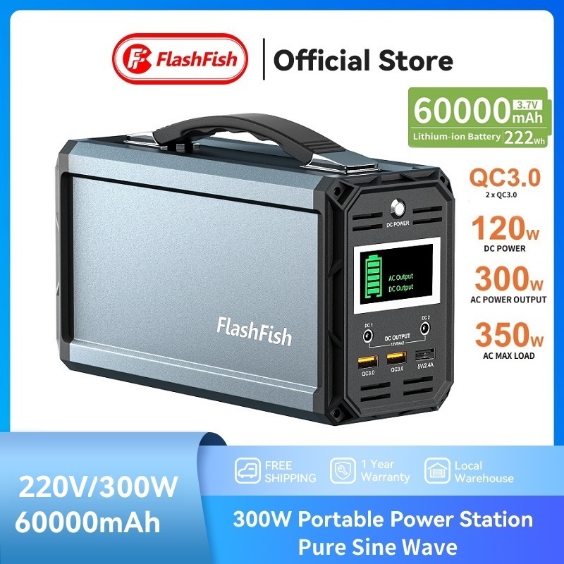 Flashfish 300W Solar Generator 60000mAh Portable Power Station ชาร์จแบตเตอรี่สำรองสำหรับ CPAP, แคมป์ปิ้ง Powerbox