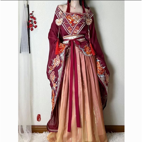 Original Hanfu ฤดูใบไม้ผลิและฤดูใบไม้ร่วง Wei Jin Nan ราชวงศ์เหนือแขนใหญ่ Ru Jin เย็บปักถักร้อย Hanfu ผู้หญิง