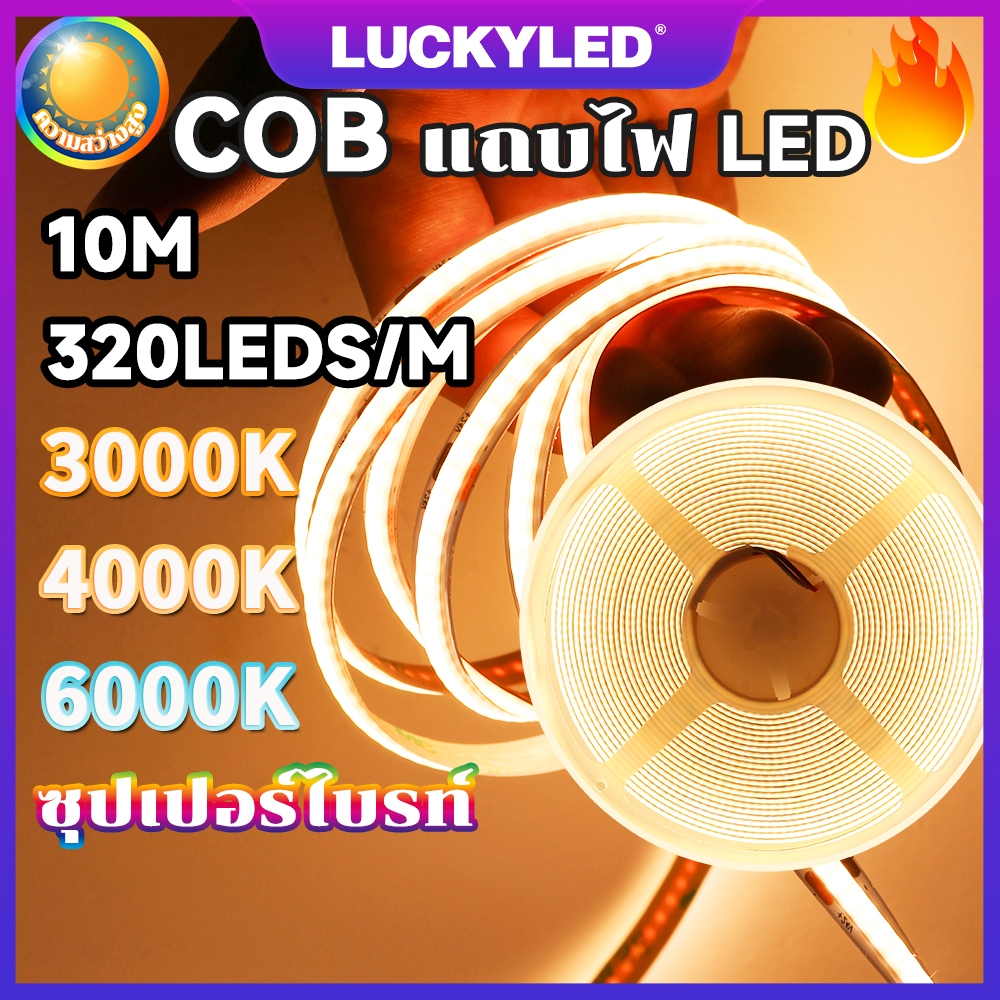 LUCKYLED 10M แถบไฟ LED ความหนาแน่นสูง COB ยืดหยุ่น 320leds DC24V RA90 นำไฟตกแต่ง LED ปรับอุณหภูมิสีได้ ไม่เห็นลูกปัด