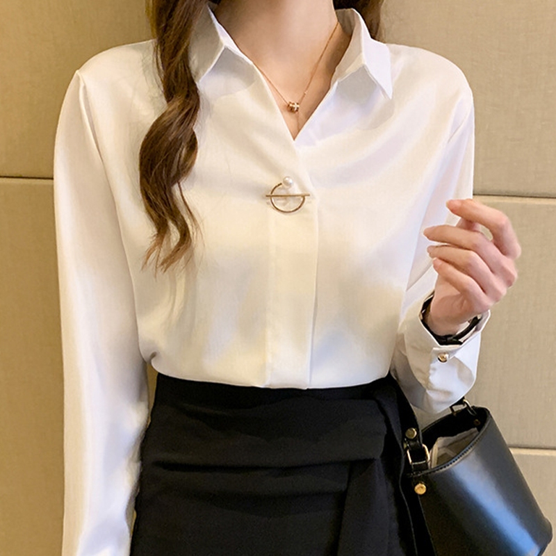 เสื้อเชิ้ตผู้หญิงแขนยาวเนื้อผ้าชีฟอง สไตล์คนทำงาน ออกแบบไม่มีกระดุมข้างหน้ามีดแถมเข็มขัดให้ด้วย