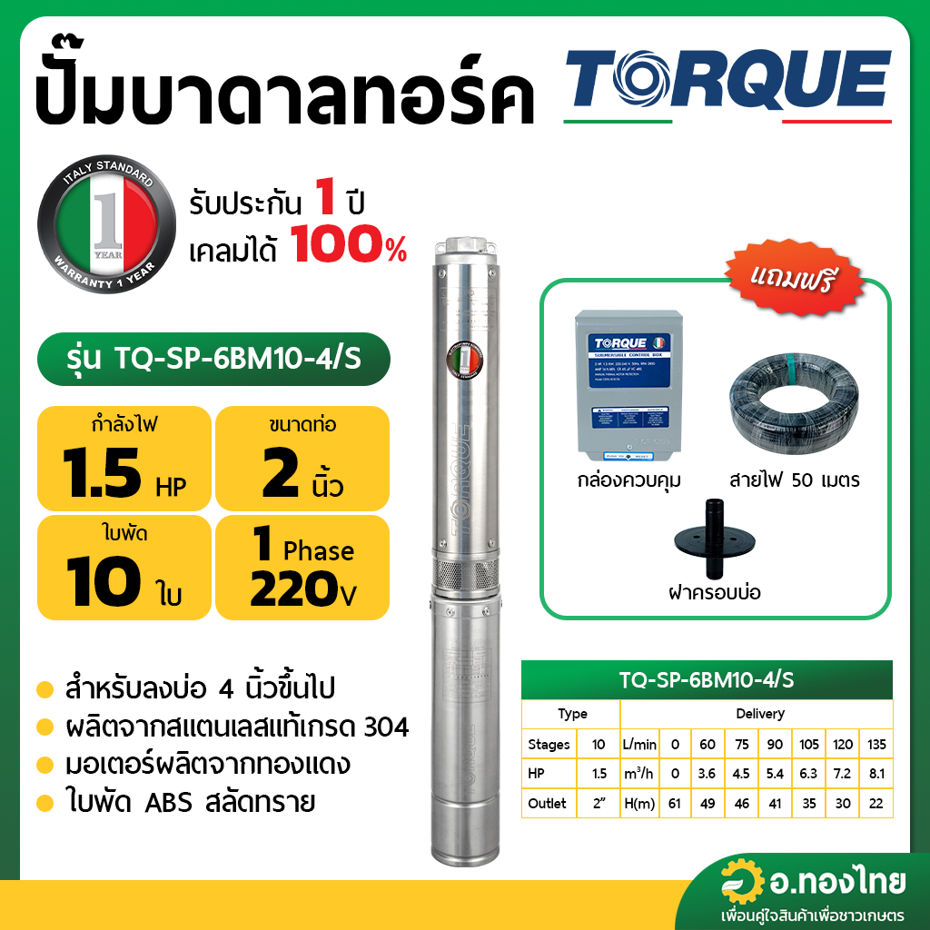 ปั๊มบาดาล ซับเมอร์ส TORQUE ทอร์ค AC 2 นิ้ว 1.5 แรง 10 ใบพัด 380 V บ่อ 4 - รุ่น TQ-SP-6BM10-4/T บ่อบา