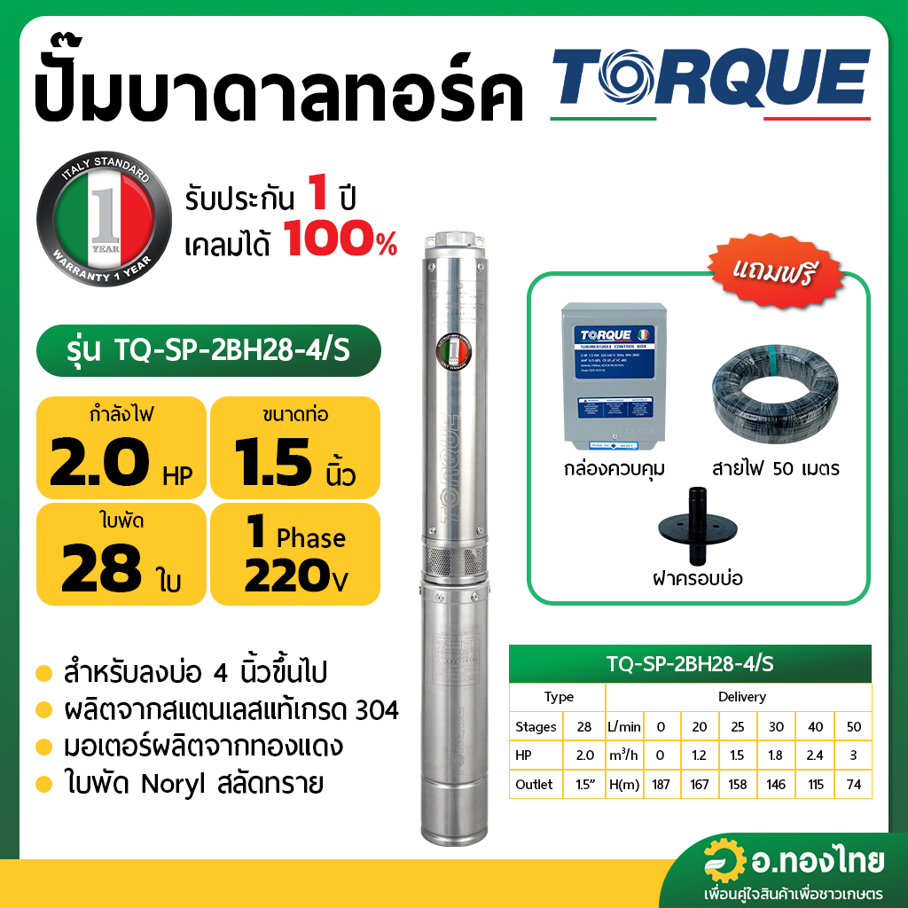 ปั๊มบาดาล ซับเมอร์ส TORQUE ทอร์ค AC 1.5 นิ้ว 2 แรง 28 ใบพัด 380 V บ่อ 4 รุ่น TQ-SP-2BH28-4/T บ่อบาดา