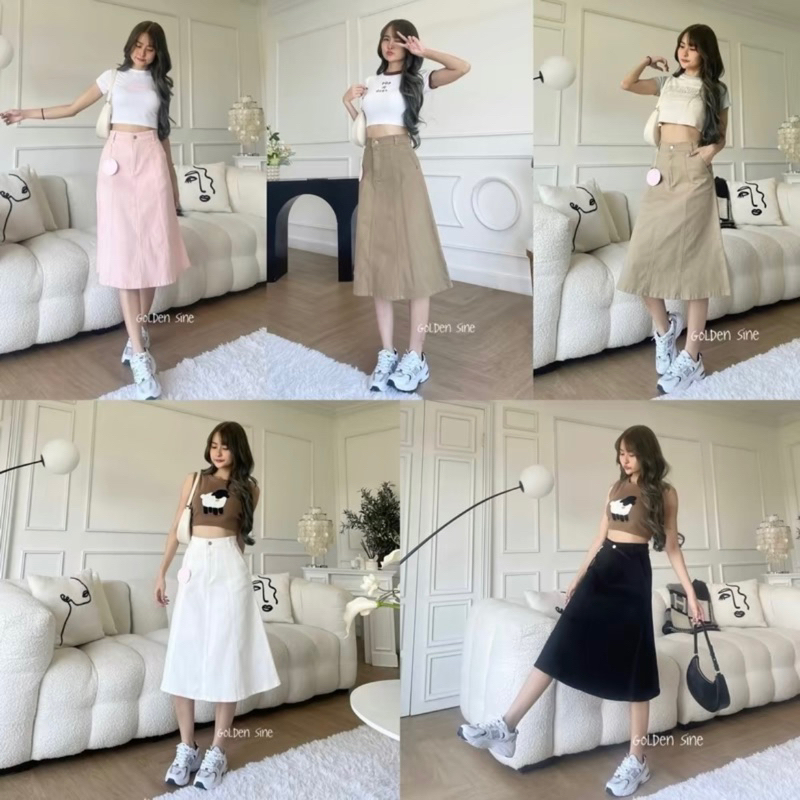 ᴄᴀʀᴍᴇɴ🌸กระโปรงยีนส์บาน ผ้ายีนส์ยืดคอตตอล ซิปหน้า เอวสูง งานป้ายเกาหลี