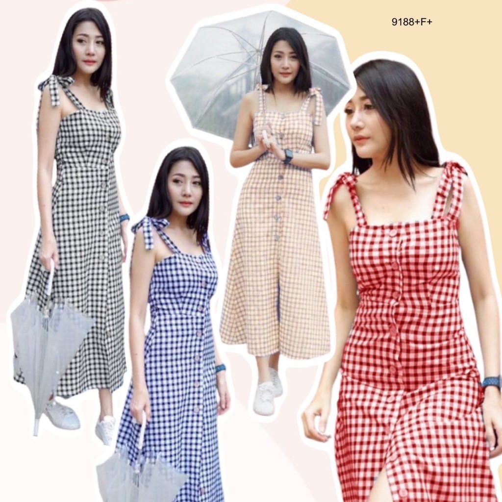 Sshop ส่งไว1-2วัน S9188 เดรสยาวลายสก็อตผูกไหล่Long dress with plaid pattern tied at the shoulder