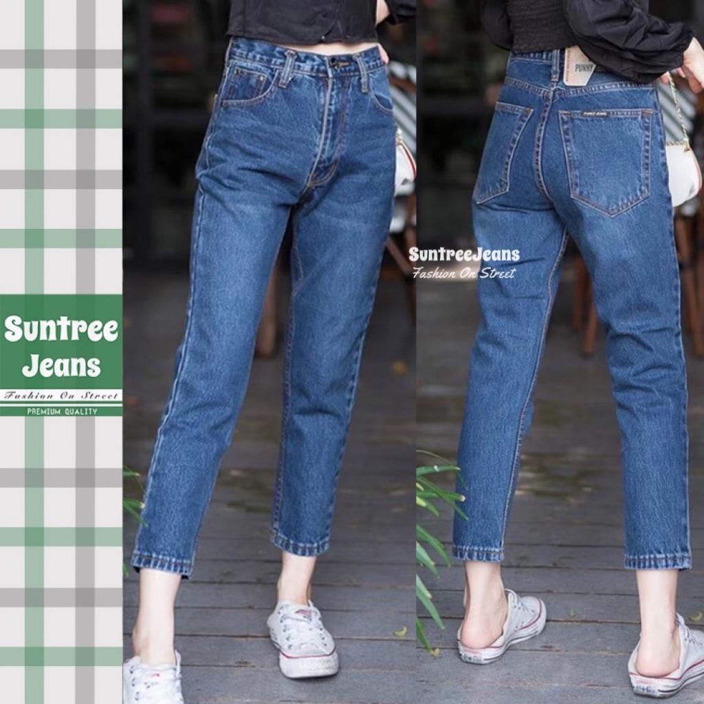 SuntreeJeans กางเกงยีนส์ผู้หญิง บอยเฟรน เก็บทรงสวย S-5XL มีBigszie สีฟอกเข้ม