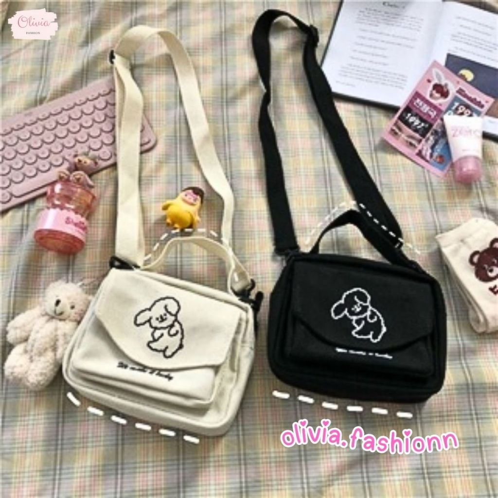 กระเป๋าผ้า สะพายข้าง ลายการ์ตูนลูกสุนัข สไตล์วินเทจ สําหรับผู้หญิง น่ารัก (ไม่แถมตุ๊กตา) #BAG06