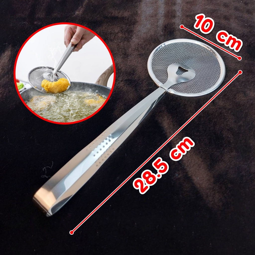 ที่คีบไก่ทอด มีตะแกรงกรองน้ำมัน ใช้คีบของทอด วัสดุสแตนเลส แข็งแรงทนทาน ขนาด 28.5x10 ซม.