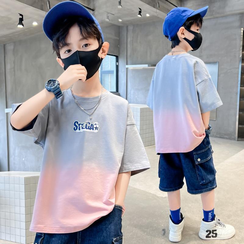 เสื้อยืดผ้าฝ้ายแขนสั้นเด็กชายใหญ่สำหรับเด็กอายุ อายุ 6-13 ปี