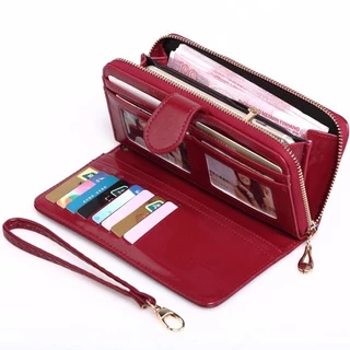(พร้อมส่ง) Korea กระเป๋าสตางค์ใบยาว กระเป๋าสตางค์ใบยาวทําจากหนังแว็กซ์วินเทจกระเป๋าเงินผู้หญิงความจุขนาดใหญ่หนังนุ่