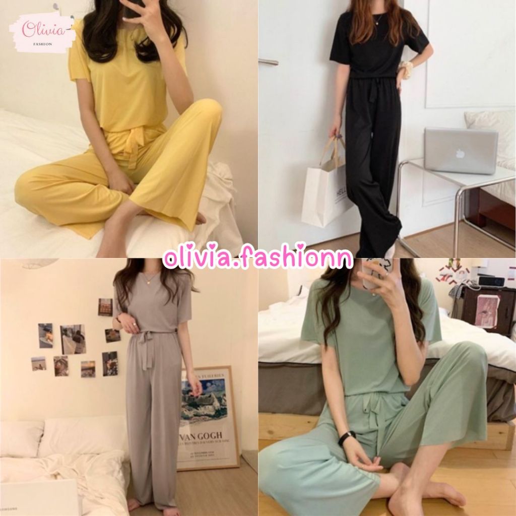 ชุดเซ็ต Freesize ผ่าร่องเสื้อแขนสั้น+กางเกงขายาว เนื้อผ้าใส่สบายมาก ใส่แล้วดูสูงขึ้น พร้อมส่ง4สี #6004