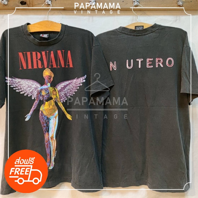 [ NIRVANA ] IN UTERO @1993 ผ้าเฟด ฟอกBio เสื้อวง เสื้อทัวร์ เสื้อร๊อค เนอร์วาน่า papamama vintage