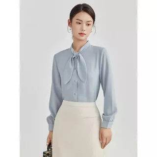 จัดส่งจากประเทศไทย เสื้อเชิ้ตเกาหลีหญิงสีฟ้า สวยๆ ผูกโบว์