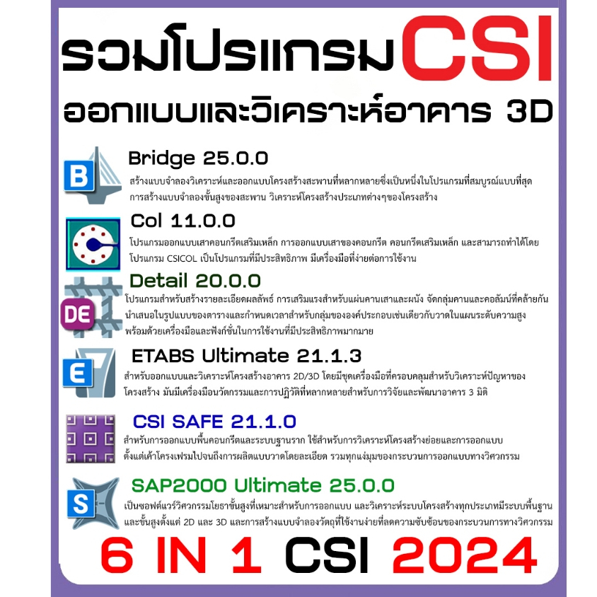 รวมโปรแกรม CSI 6 IN 1 โปรแกรมวิศวกรรมออกแบบโครงสร้าง ออกแบบและวิเคราะห์อาคาร 3D (C030)
