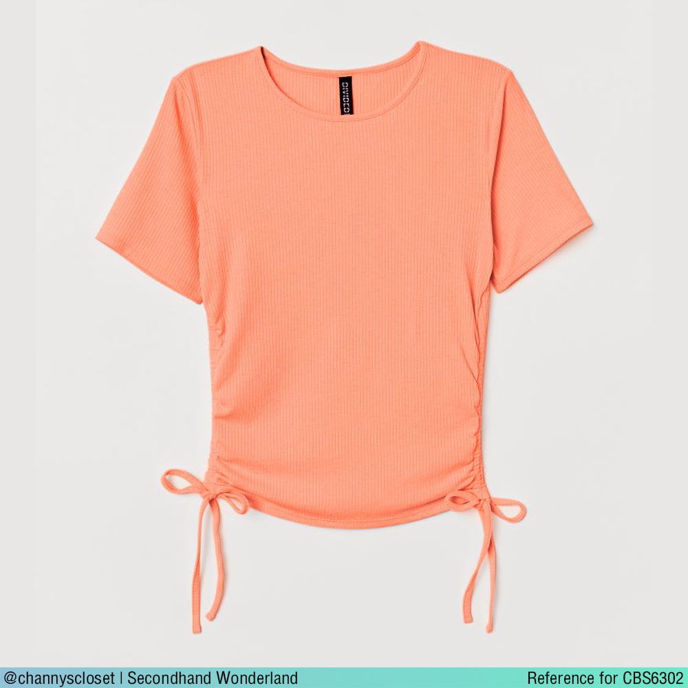 💖USED H&amp;M - Ribbed Orange Drawstring Crop Top | เสื้อครอปสีส้ม เสื้อยืด แขนสั้น คอกลม ผ้าร่อง เชือกรูด สายฝอ แท้ มือสอง